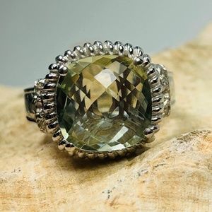 Cushion cut checkerboard Green Quartz sterling silver ring